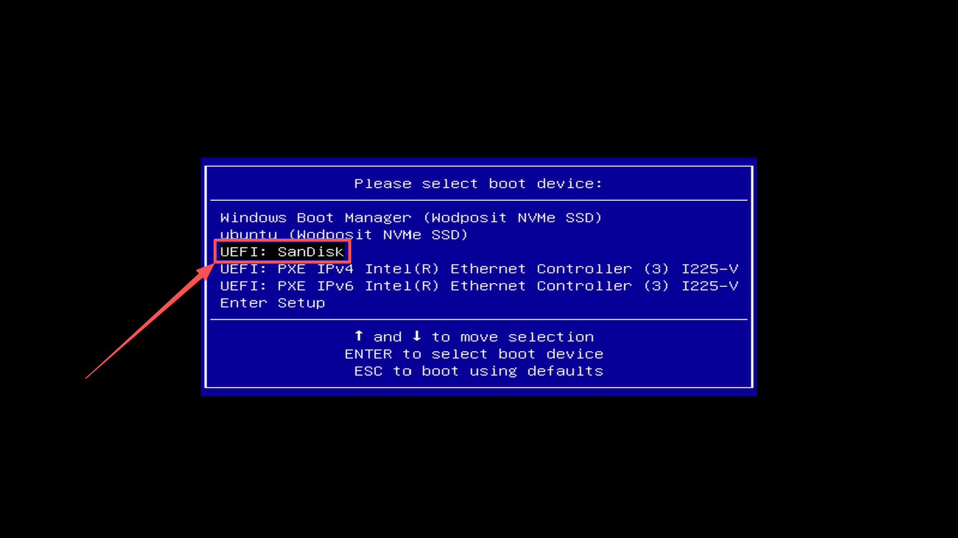 Selecting UEFI: SanDisk in the F7 boot device menu