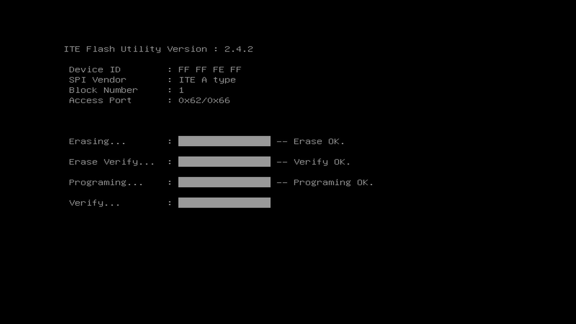 EC flash utility showing erase, programming, and verification progress