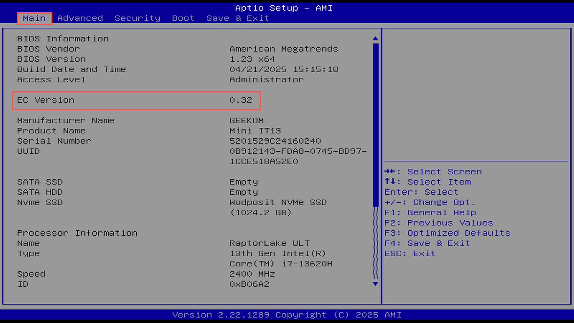 IT13 BIOS Main page showing EC Version 0.32