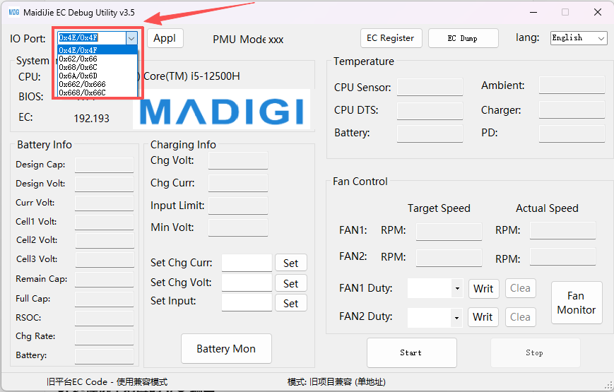 IO Port selector and Appl button