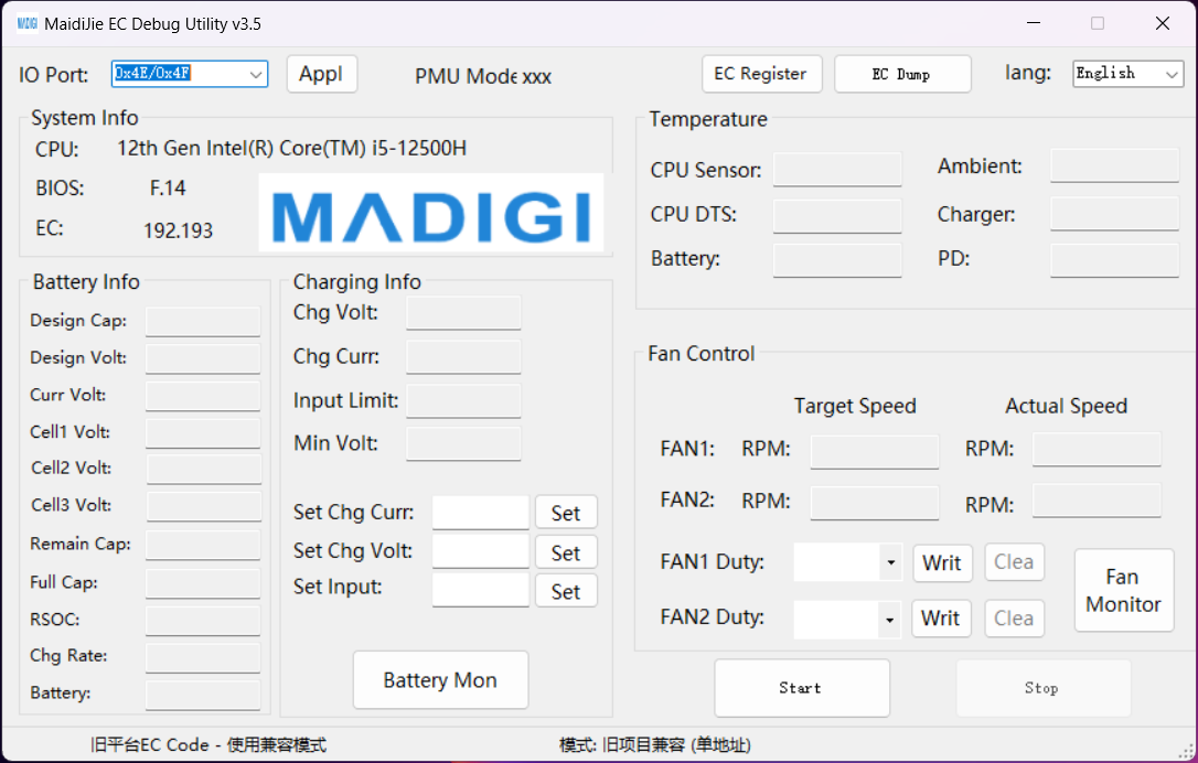 Actual speed, Duty settings, and Start / Stop buttons in the main window